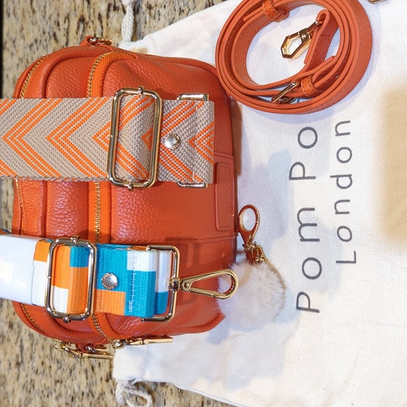 Pom Pom London Handbags - Pom Pom London Mayfair Orange crossbody bag with three straps + pompom keychain